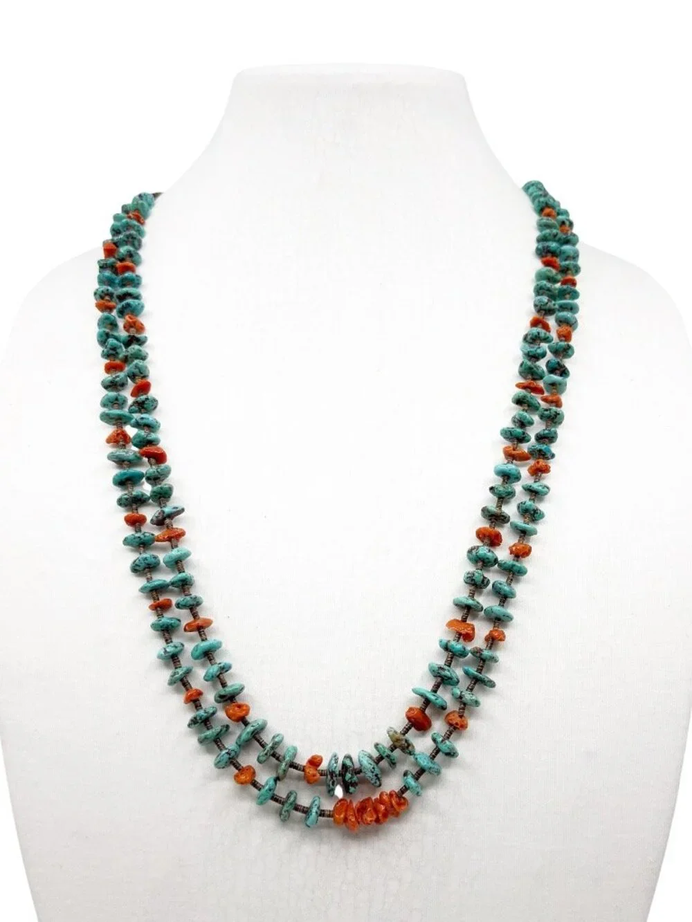 Old Navajo Turquoise Coral Heishi shell bead necklace - GM1019